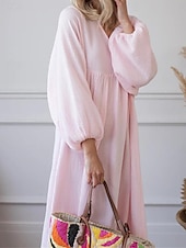 cheap Design Cotton &amp; Linen Dresses-Women&#039;s Pink Orange Rose Red Summer Spring Maxi Dress Linen-Inspired Dresses Casual Dress Basic Modern Daily Weekend Loose Fit Plain V Neck