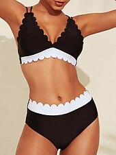 voordelige designer badmode-Lange triangel bikiniset met bloemblaadjesrand, zwart en wit