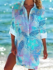 economico Gli animali si vestono-Womens Mini Dress Camicia Vestito Camicie Hawaiane Fluttuante Moda Bottoni Stampa Maniche Lunghe Colletto Camicia Lunghe Casual Vacanza Spiaggia Bianco Blu Viola Estate Vestiti da Spiaggia