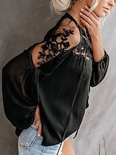 levne Dámské sexy topy-Košile Krajková košile Halenka Síťovaný patchworkový top Dámské Černá Bílá Pevná barva Šněrování Síťka ulice Denní Módní Do V S
