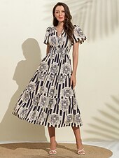 abordables robe décontractée imprimée-robe fleurie à manches bouffantes et col en V à rayures en coton