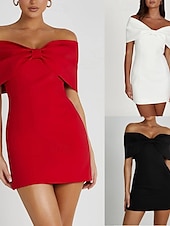 preiswerte Bodycon für den Klub-Damen Etuikleid Minikleid Rückenfrei Schleife Hochzeit Party Elegant Ausgefallene Schulterfrei Kurzarm Schwarz Weiß Rote Farbe