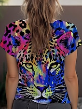 cheap Animals tee-Women&#039;s T Shirt Leopard Fashion Short Sleeve Crew Neck Regular Tops Daily Weekend Print Blue Purple Fuchsia Green Gray Summer