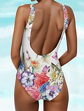 billiga One-piece-baddräkter-Kvinnors badkläder En-delad Monokini Badkläder baddräkt Öppen rygg Tryckt Hög midja Sportmode Blommig Scoop Neck Ärmlös Badkläder