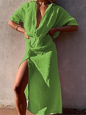 halpa design puuvilla- ja pellavamekot-Naisten Maksimekko Valkoinen mekko Puuvillaiset pellavamekot Paitamekko Rento mekko Perus Moderni Päivittäin Viikonloppu Loose Fit Tavallinen Puolihiha Paitapuserokaula-aukko Valkoinen Apila Kes