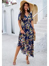 economico Abiti eleganti floreali-abito tubino da donna abito in chiffon prendisole floreale grafico elastico in vita stampa scollo a V spalle scoperte abito lungo abito lungo elegante tropicale festa appuntamento manica corta estate