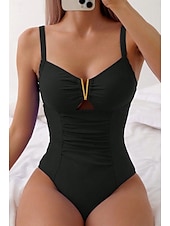 abordables Maillots de bain une pièce-Maillot de bain une pièce femme décolleté en V col clé ruché tankini maillot de bain bleu couleur unie extensible à séchage rapide été plage avec accents dorés contrôle du ventre maillot de bain