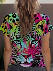 cheap Animals tee-Women&#039;s T Shirt Leopard Fashion Short Sleeve Crew Neck Regular Tops Daily Weekend Print Blue Purple Fuchsia Green Gray Summer