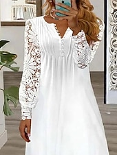 preiswerte Weiße Spitzenkleider-Maxikleid für Damen im Bohemian-Stil mit V-Ausschnitt, langen Spitzenärmeln, weißer, fließender Rock, lässig, Strand, halbformell, Frühling, Sommer, volle Größen, feminine, elegante Kleidung