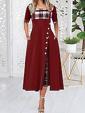 cheap Work Dresses-Women&#039;s Midi Dress Elegant Dress Elegant Stylish Vacation Party Regular Fit Plaid Short Sleeve Crew Neck Black Yellow Wine Purple Summer Spring