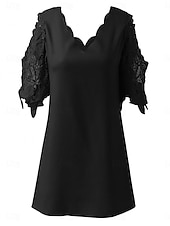 preiswerte schwarzes Minikleid-Damen Spitzenkleid Minikleid Spitze Patchwork Hochzeit Verabredung Strassenmode Basic V Ausschnitt 3/4 Ärmel Schwarz Farbe