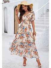 economico Abiti eleganti floreali-abito tubino da donna abito in chiffon prendisole floreale grafico elastico in vita stampa scollo a V spalle scoperte abito lungo abito lungo elegante tropicale festa appuntamento manica corta estate