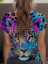 cheap Animals tee-Women&#039;s T Shirt Leopard Fashion Short Sleeve Crew Neck Regular Tops Daily Weekend Print Blue Purple Fuchsia Green Gray Summer