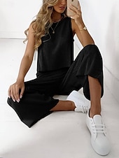 billige Settene-damepysjamas loungewear todelt sett avslappet ren farge bomull lin sett bukser hjemme ermeløs rund hals svart hvit brun khaki lys grå sommer vår