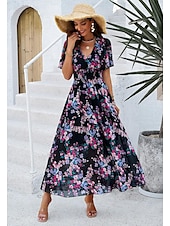 economico Abiti eleganti floreali-abito tubino da donna abito in chiffon prendisole floreale grafico elastico in vita stampa scollo a V spalle scoperte abito lungo abito lungo elegante tropicale festa appuntamento manica corta estate