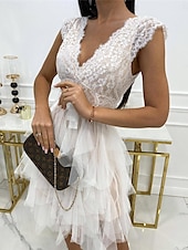 ieftine Rochii Party-Pentru femei Rochie de mireasa din dantela alba Rochii Boho Chic Rochie Boho pentru invitați de nuntă Rochie Mini Multistratificat cu Maneca Nuntă Dată Vacanță Linie A În V Fără manșon Negru Alb Roz