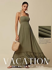 cheap Vacation Dresses-Women&#039;s Resort Maxi Dress Smocked Waist Blue Elegant Halter Neck Cami Maxi Dress Beach Cover Up