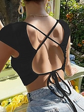 economico Top Semplici da Donna-Semi-lungo Per donna Nero Bianco Liscio Strappati Strada Giornaliero Di tendenza A V Standard S