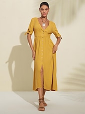 cheap Casual Dress-Women&#039;s Linen Blend Yellow Bow Detail Midi Tea Dress