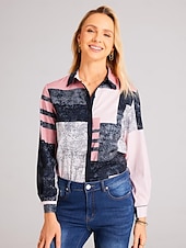 preiswerte Damen Streifen- und geometrische Oberteile-Damenhemd Langarm Knopfbluse Modisch Farbblock Druck Reguläre Tops Hemd Kragen Lässig Gelb Pink Blau Frühling  Herbst