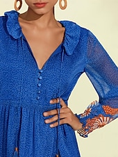 economico abito casual stampato-abito boho in chiffon con fiori tropicali e maniche a sbuffo