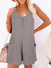 billiga Rompers-Dam Vanligt Jumpsuits Streetwear Ensfärgat Ärmlös V-hals Knappar Ficka Gata Dagligen Normal Svart Rodnande Rosa Vin Sommar