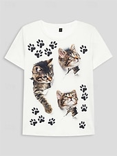 abordables T-shirt Animaux-t-shirt basique à manches courtes pour femme, imprimé chat, col rond, décontracté, week-end, blanc