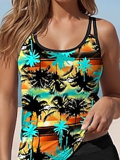halpa Tankini-uimapuvut-Naisten uimapuvut Tankini 2-osainen uimapuku lomasi palmunlehti olkaimeton uimapuku