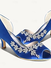 cheap Bridesmaid-Women's Wedding Shoes Bling Bling Sparkling Shoes Bridal Shoes Rhinestone Kitten Heel Peep Toe Elegant Satin Loafer Silver White Ivory