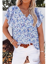 abordables Hauts Unis pour Femmes-chemisier femme mode imprimé floral à volants sans manches hauts réguliers col en V décontracté vacances noir blanc jaune rouge bleu été