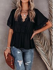 voordelige Elegante topjes-Overhemd Kanten overhemd Blouse Wit kanten overhemd Dames Zwart Wit Effen Kant Soepelvallende tuniek Straat Dagelijks Modieus V-hals Normale pasvorm S