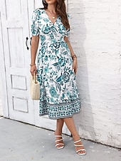 preiswerte Elegante Blumenkleider-Damen Midikleid Casual kleid Schaukelkleid A Linie Kleid Sommerkleid Strassenmode A-Linie Urlaub Strasse Festtage Regular Fit Blumen Kurzarm V Ausschnitt Schwarz Rote Blau Grün Sommer