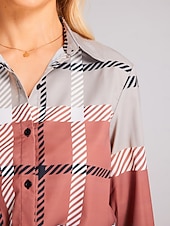 billiga Kvinnors randiga och geometriska toppar-Dam skjorta mode rutigt knappar tryck lång ärm vanlig topp skjortkrage casual röd blå khaki grå vår  höst