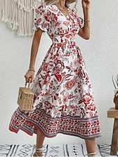 preiswerte Elegante Blumenkleider-Damen Midikleid Casual kleid Schaukelkleid A Linie Kleid Sommerkleid Strassenmode A-Linie Urlaub Strasse Festtage Regular Fit Blumen Kurzarm V Ausschnitt Schwarz Rote Blau Grün Sommer