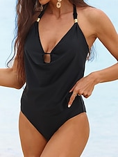 economico Costumi interi-Costume da bagno intero da donna chiusura a chiave collo all&#039;americana colore solido accenti metallici elegante costumi da spiaggia moda estiva nera varie taglie controllo della pancia