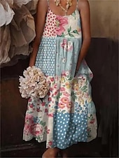 billiga Casual blommiga klänningar-kvinnors boho maxi klänning spaghetti rem lapptäcke geometriska blommönster casual strand solklänning flerfärgad fri storlek vår sommar kläder