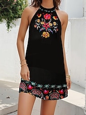 preiswerte Boho Kleider-Damen Mini Kleid Petite Kleid Sommerkleid Boho Kleid Bohemia Ethnisch Urlaub Cocktailparty Strand Lässige Passform Floral Ärmellos Neckholder Schwarz Sommer