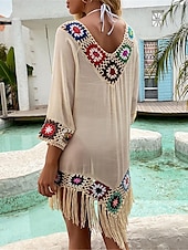 ieftine Rochii de plajă-Pentru femei Rochie albă Rochie Mini Bufantă Peteci Vacanță Plajă Sexy Boho În V Lungime Manșon 3/4 Negru Alb Roșu-aprins Culoare