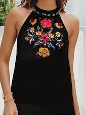 preiswerte Boho Kleider-Damen Mini Kleid Petite Kleid Sommerkleid Boho Kleid Bohemia Ethnisch Urlaub Cocktailparty Strand Lässige Passform Floral Ärmellos Neckholder Schwarz Sommer