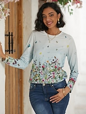 economico T-shirt floreale-Per donna maglietta Bianco Rosso Viola Floreale Farfalla Stampa Manica lunga Informale Giornaliero Essenziale Vintage Rotonda Standard Floreale Astratto Pittura S