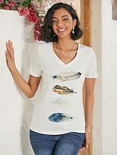 abordables T-shirt Art &amp; Design-t-shirt femme basique imprimé manches courtes hauts réguliers col en V décontracté week-end blanc bleu