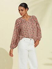 economico Bluse e camicie-camicetta casual con maniche a sbuffo geometriche