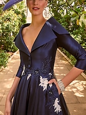 cheap BLUE-A-Line Evening Gown Elegant Dress Tuxedo Dress Formal Wedding Floor Length 3/4 Length Sleeve Shirt Collar Satin with Beading Embroidery Pocket 2025