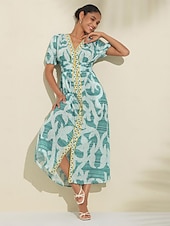 abordables Robes de vacances-robe mi-longue à manches bouffantes et col V
