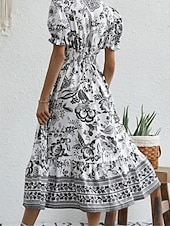 preiswerte Elegante Blumenkleider-Damen Midikleid Casual kleid Schaukelkleid A Linie Kleid Sommerkleid Strassenmode A-Linie Urlaub Strasse Festtage Regular Fit Blumen Kurzarm V Ausschnitt Schwarz Rote Blau Grün Sommer