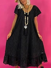 halpa Valkoiset pitsimekot-Naisten Pitkä mekko Maxi mekko Valkoinen mekko Pitsimekko Rento mekko Kesämekko Katutyyli Maxi Katu Deitti Loose Fit Lyhythihainen Tiukka pyöreä kaula-aukko Musta Valkoinen Kesä