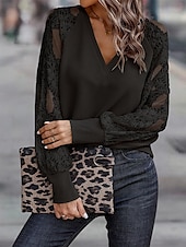 economico Top in Pizzo-Top in pizzo elegante da donna con occhiello blusa alla moda moderna patchwork in pizzo maniche lunghe regolare scollatura a V casual romantico top petite estivi per le vacanze nere marroni verdi