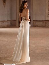 economico abiti da sposa casual-Abito da Sposa Boho Formale Semplice da Spiaggia A-Line Collo a Scollo Spalline Sottili Treno Sweep  Brush Satin Abiti da Sposa con Pieghe Beading
