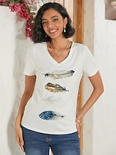 abordables T-shirt Art &amp; Design-t-shirt femme basique imprimé manches courtes hauts réguliers col en V décontracté week-end blanc bleu