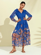 economico abito casual stampato-abito boho in chiffon con fiori tropicali e maniche a sbuffo